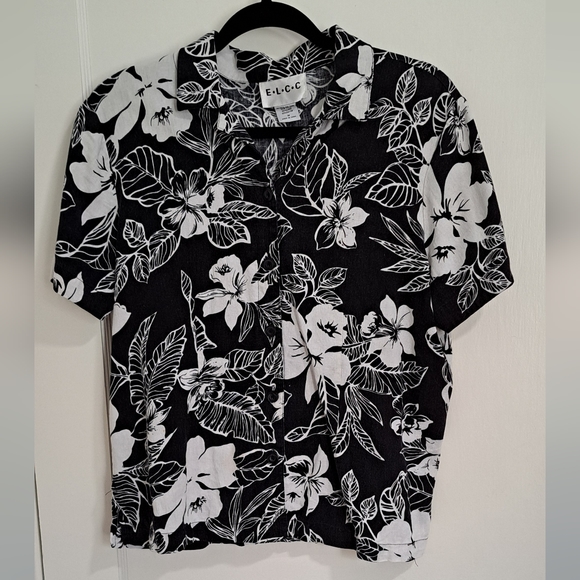 E.L.C.C. Linen-Blend Hawaiian Button-Up Shirt – Women’s M (Black & White Floral) - Picture 1 of 6